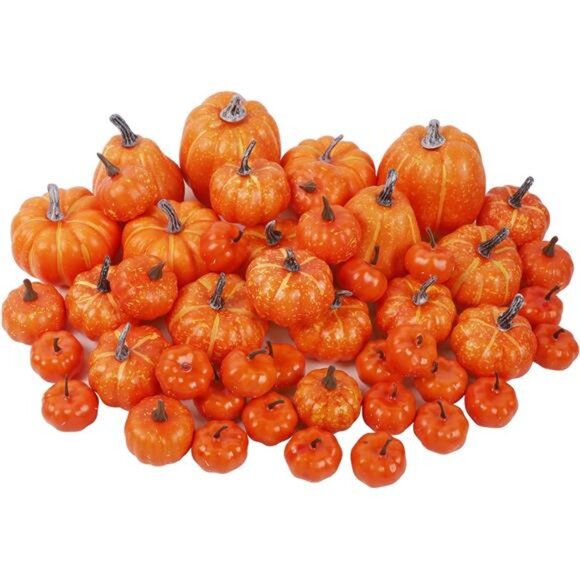 46 Pcs Assorted Size Artificial Pumpkins Fall Decorations, Orange Foam Pumpkin - Picture 1 of 8